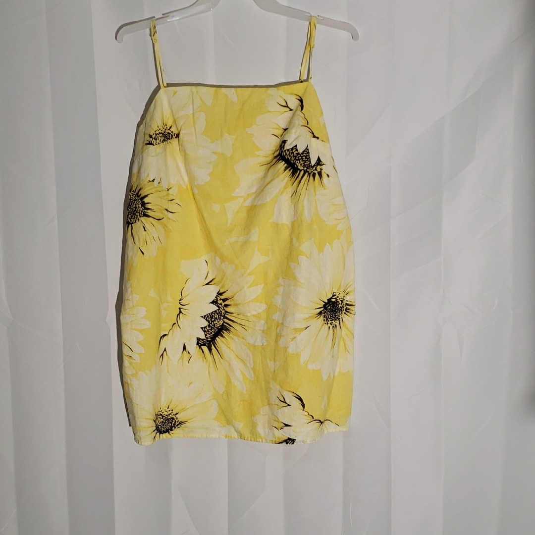 Linen Cotton Yellow Floral Sunflower Print Sun Dress Size Xl.